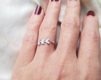 Sterling Silver CZ Olive Leaf Ring Minimalist Sparkly Wrap Ring Shiny Band Ring Delicate Fine Ring Real Solid Silver Simple Ring 133