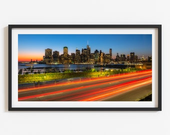 Car Lights, Photo Print, New York, Manhattan Skyline, Panorama Picture, Cityscape Poster, Urban Landscape, Street Photography, Home Decor, W