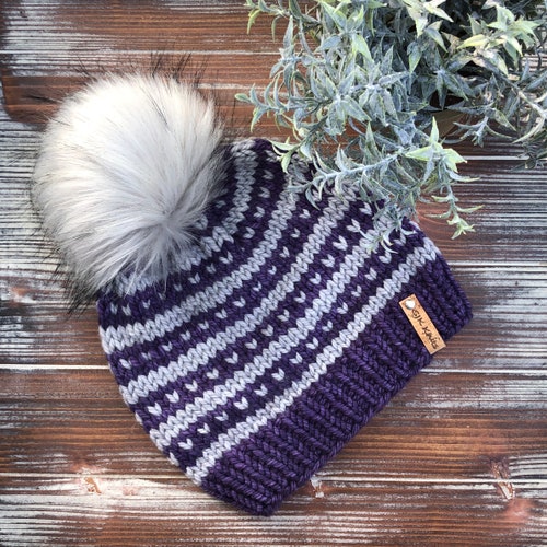 Love Line Beanie store / Hand Knit Hat / Purple & Gray / K-State Colors