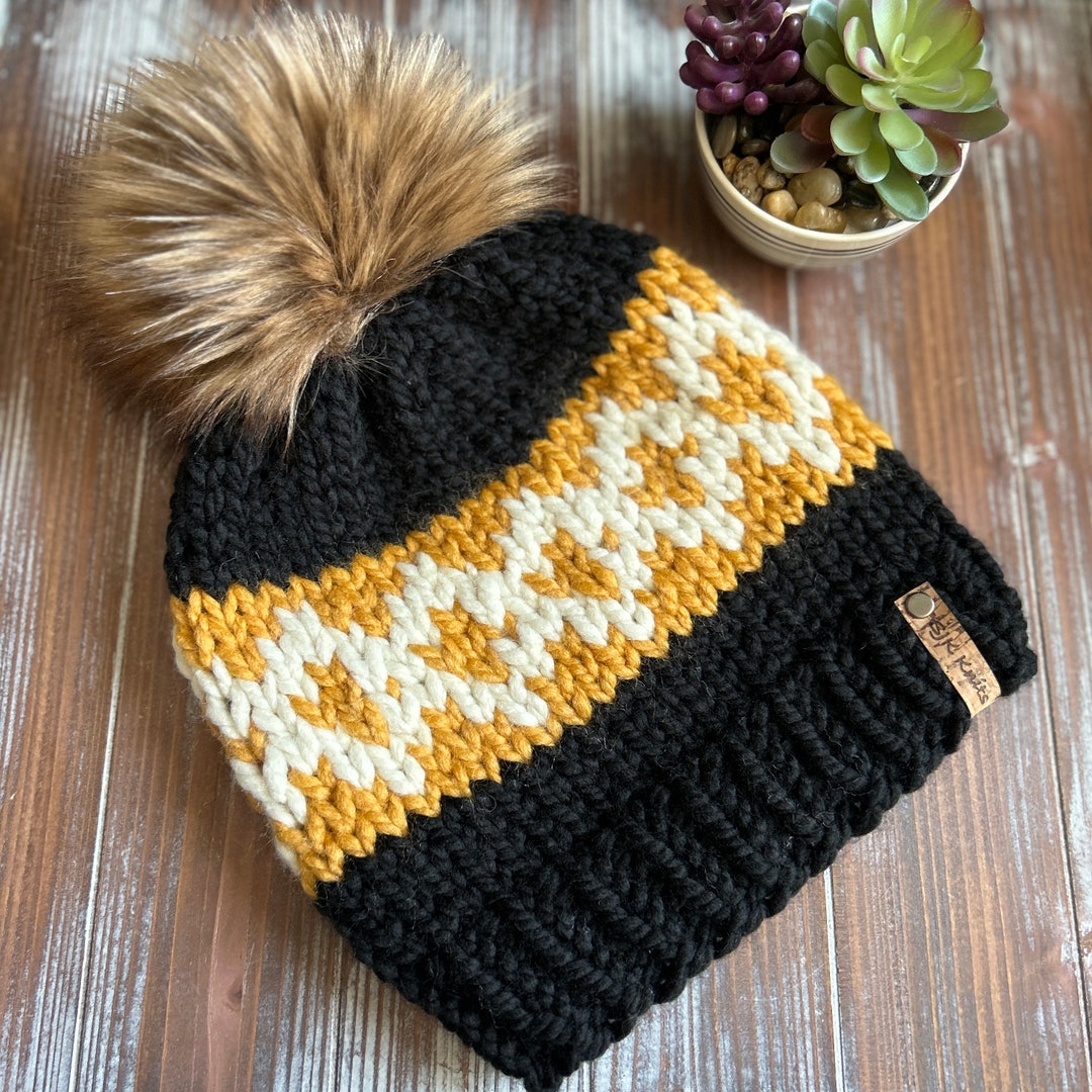 Joycelyn Gold Knit Pom Beanie with Black Faux Fur Pom - Women Accessories jocelyn Fox Fur Pom Beanie in Gold Metallic | REVOLVE main image 3
