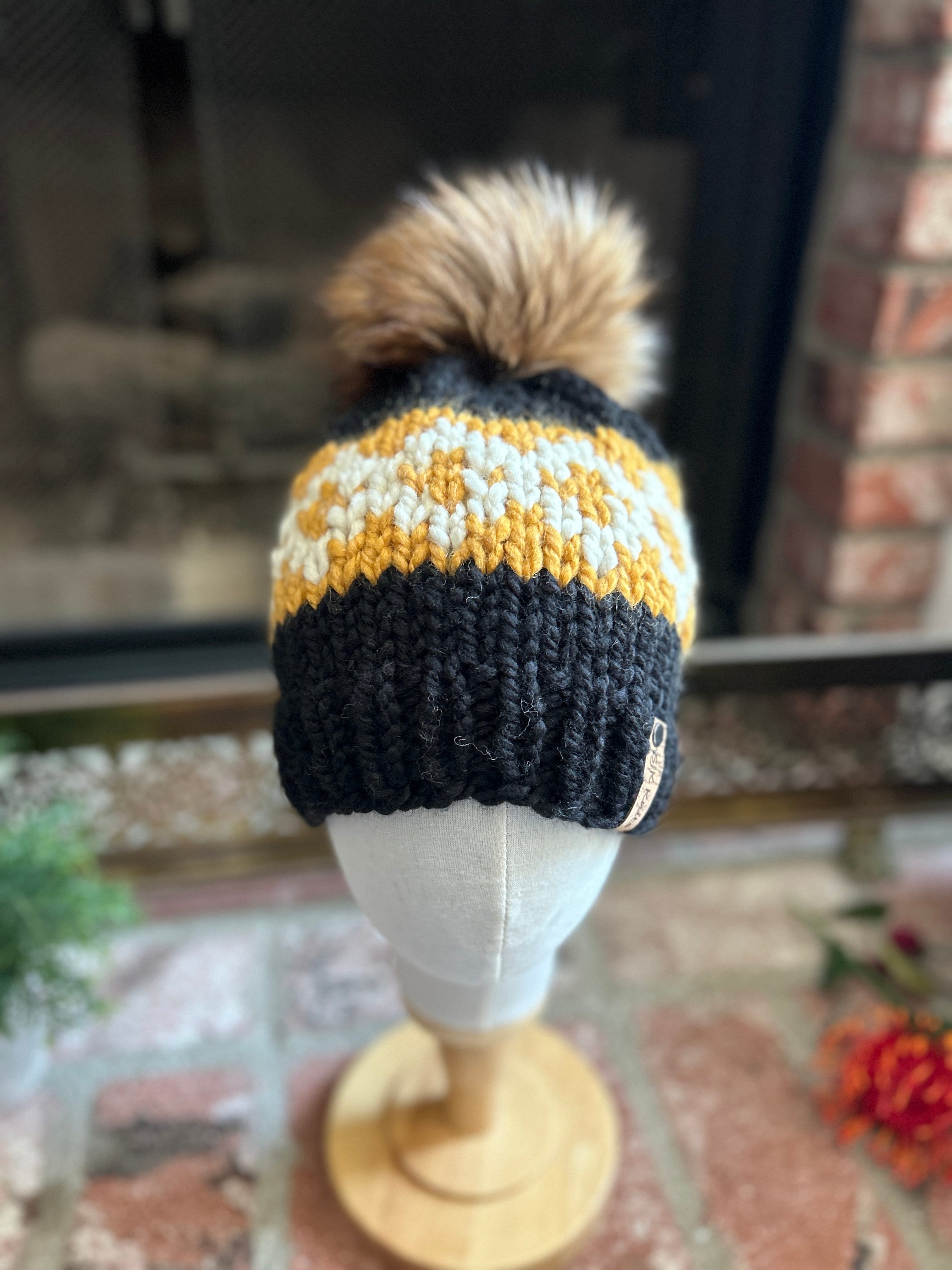 Hand Knit Black & Gold Beanie With Faux Fur Pom, Wool Blend 