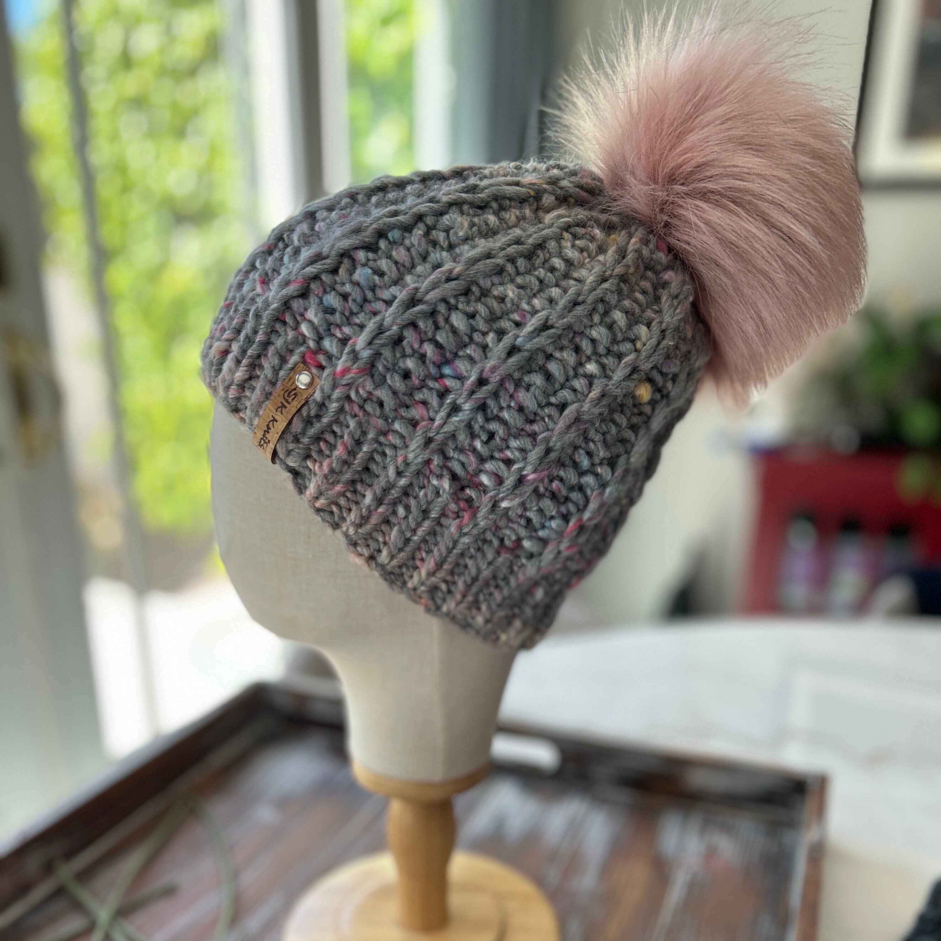Hand Knit Beanie With Faux Fur Pom: Variegated Acrylic 