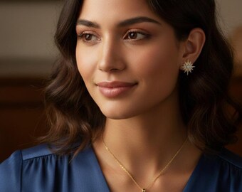 Gold Plated Starburst Set • Cubic Zirconia North Star Necklace • Celestial Compass Earrings • Sparkling Star Jewelry • Gift for Best Friend