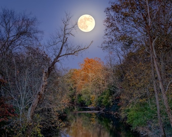 Fall Hunter's Moon Over Creek Photograph, Full Moon, Moonscape, Night Sky, Landscape Photography, Living room, Bedroom, Print Art