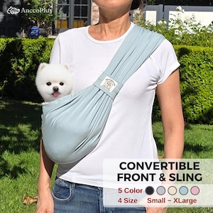 May include: A light blue convertible pet carrier with a white logo that says "AnccoPlus". The carrier can be worn as a sling or a front carrier. A small white dog is in the carrier. The text "CONVERTIBLE FRONT & SLING" is at the bottom of the image. Below the text are five colour options and four size options: "Small - XLarge".