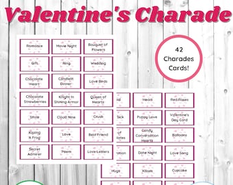 Descarga instantánea del juego Charadas de San Valentín. 42 Tarjetas de juego imprimibles. Apto para niños y familias. Fiesta navideña o aula