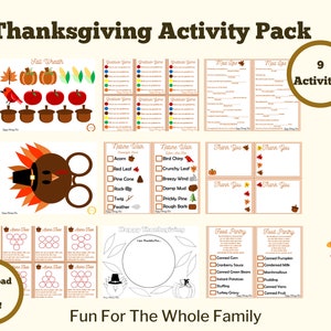 Thanksgiving Familieactiviteiten Direct downloaden - 9 afdrukbare leuke en gemakkelijke spellen/activiteiten-placemat, kaarten, krans, dankbaarheidsspel en meer