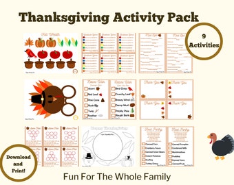 Thanksgiving Family Activities Instant Download- 9 Printable Fun and Easy Games/Activities-Placemat, cards, wreath, gratitude game and more