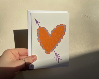 Heart Card with Arrow  / A6 Card / Blank Inside / Birthday Card / Orange / Purple