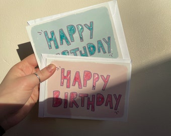 Happy Birthday / Pink / Blue / Blank Inside / A5 Card