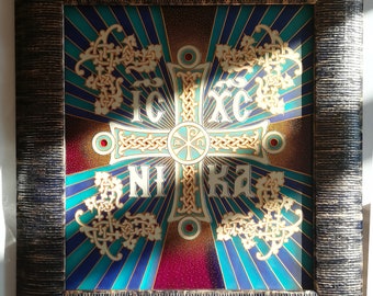 Christian cross orthodox original painted glass byzantine cross ICXC NIKA wall art glass greek cross chi rho wall decor