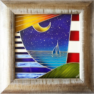 Lighthouse original painted glass Seacoast Headlight stained glass style painting Seaside romantic landscape