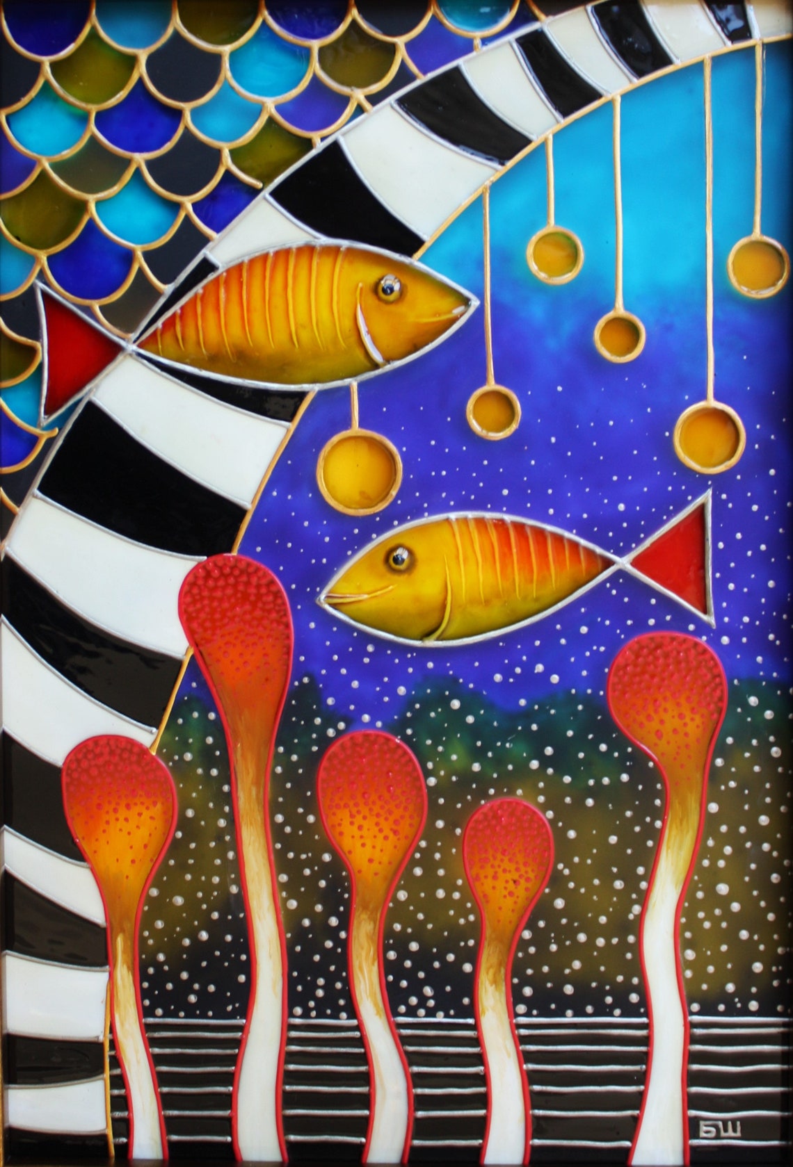 Fish Painted Glass Original Nautical Painting Seabed Art Etsy