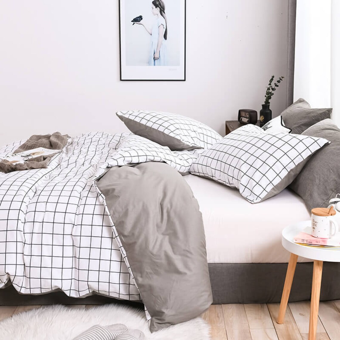 Concise White Plaid Duvet Covers 100 Cotton Duvet Cover Queen Etsy