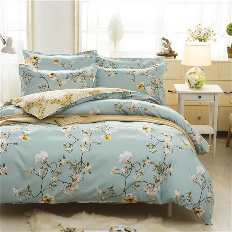 Blue Floral Duvet Cover Queen Twin Double Bedding Set Kids Teen Adult Single Duvet Covers Set Graceful Beddings Quilt Kits Comforter Sets
