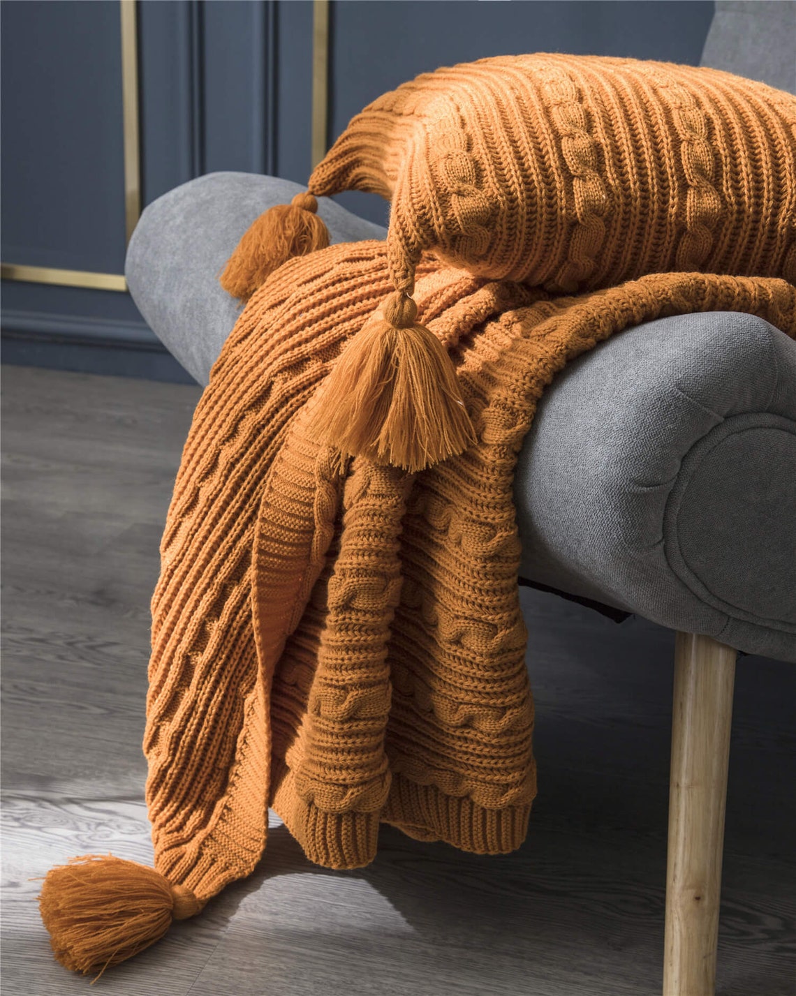 Dark Orange Knitted Throw Blanket Agate Green Knitted Blanket Etsy