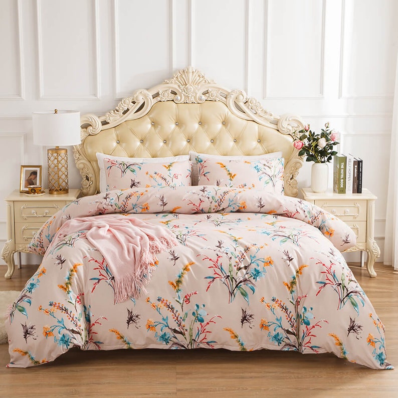 Light Pink Floral Duvet Cover Queen Twin King Bedding Set Etsy
