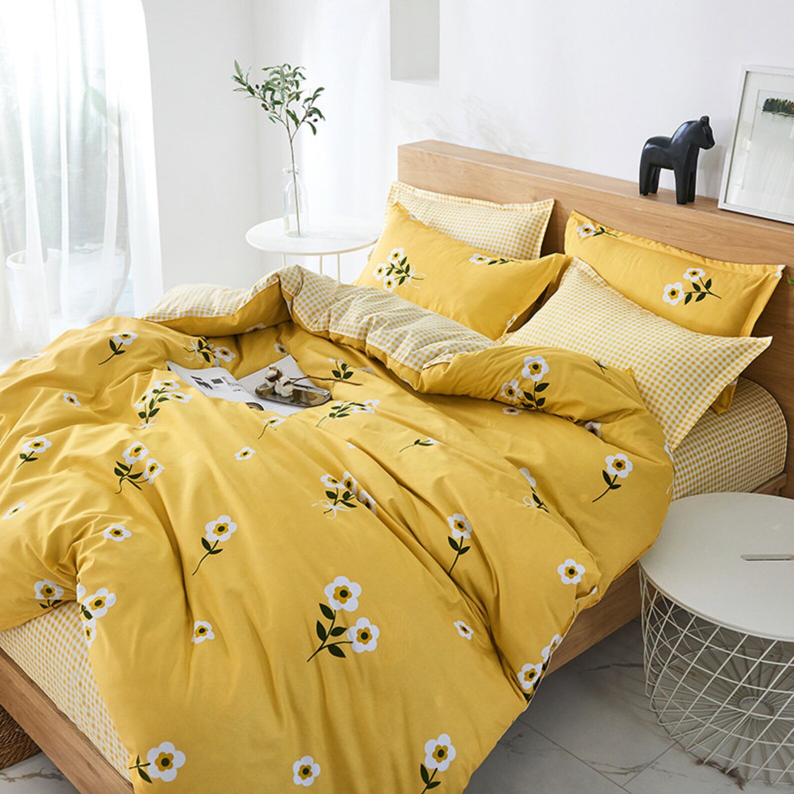Fresh Yellow Floral Plaid Duvet Cover Set Lovely Bedding Set Etsy