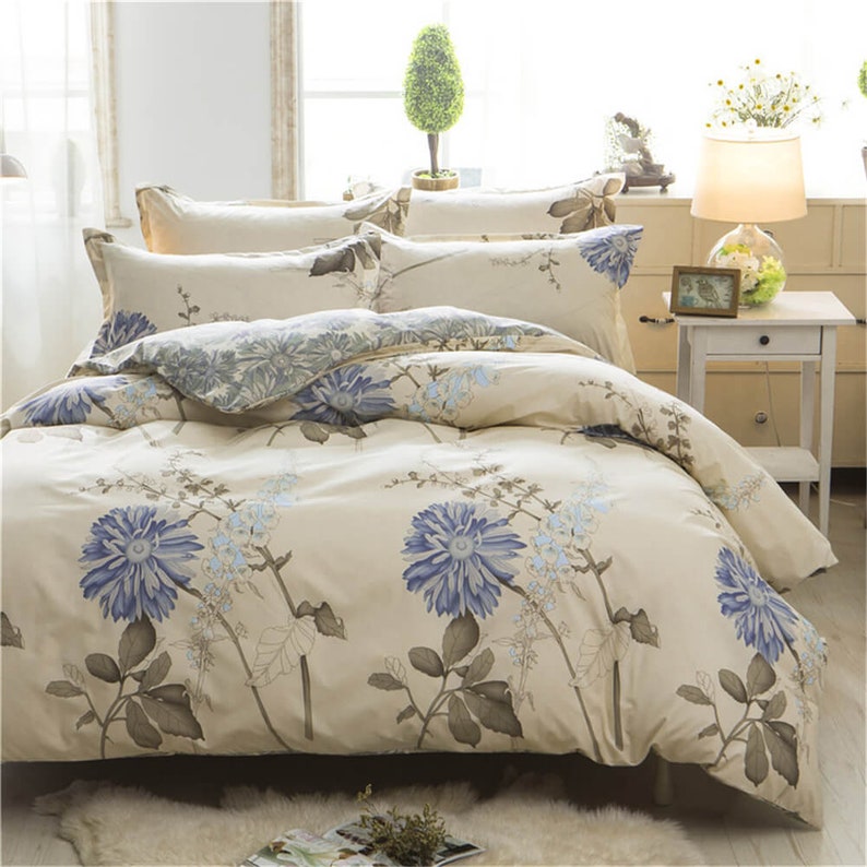 Blue Floral Duvet Cover Queen Twin Double Bedding Set Kids Teen Adult Single Duvet Covers Set Graceful Beddings Quilt Kits Comforter Sets