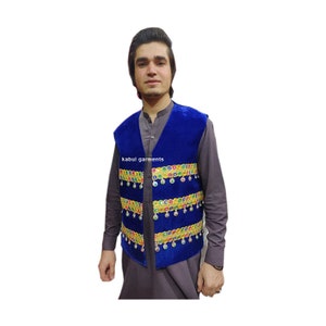 Afghani hand made Blue Navy velvet vest embroidery with coins