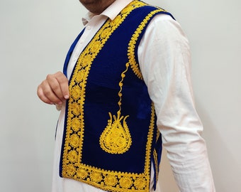 Beautiful Afghani Blue Velvet Charma work Embroidery waistcoat gold tune work