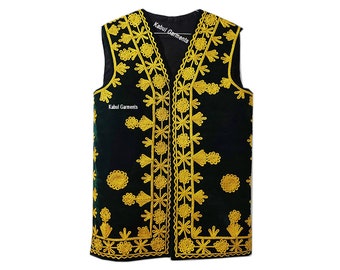 Afghan Traditional Waistcoat With Gold Embroidery Kuchi waistcoat for men