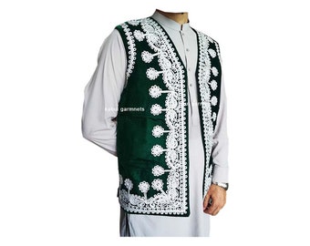 Afghan Traditional Dark Greeen Velvet White Charma Work  Embroidered Waistcoat