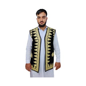 Afghan Traditional Hand made Light Gold Embroidered Waistcoat for Men