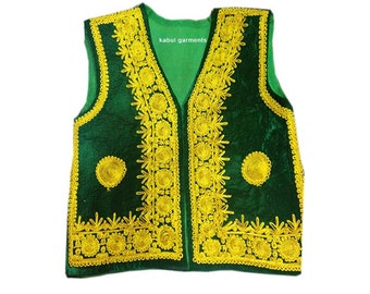 Beautiful Afghani Charma work waistcoat Dark green velvet gold tune work