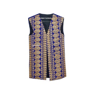 Beautiful Afghan traditional hand made Navy Blue color Gold embroidered waistcoat for men