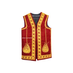 Afghan Traditional hand made RED Color Gold Embroidered waistcoat for men
