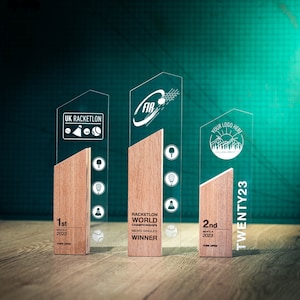 Personalised Wooden Acrylic SKY Trophy Award Personalized Bespoke Design Custom Modern Plaque Wood Running Unique Customize