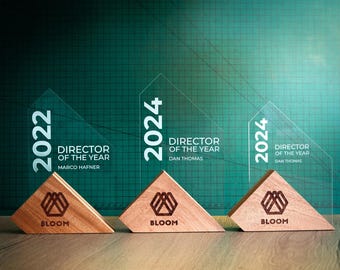 May include: Three wooden award plaques with clear acrylic inserts. The plaques are shaped like a mountain peak and have the word "BLOOM" engraved on the front. The acrylic inserts have the year "2022" or "2024" and the text "Director of the Year" with the name of the recipient.
