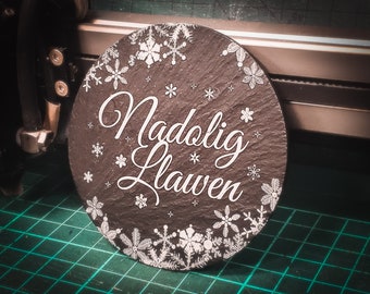 Welsh Slate Christmas Coaster Welsh Language Gift Xmas Nadolig Llawen Snowflakes Felt Back Christmas Idea