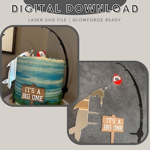 Pesca láser SVG ARCHIVO / Decoraciones de pastel de pesca de cumpleaños / Signo de pesca / Caña de pescar / Bobber / Archivo de Topper de pastel