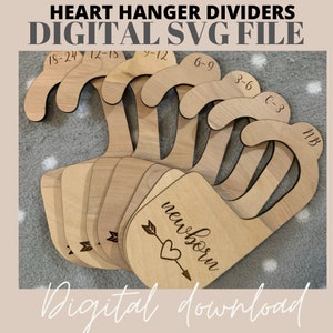 Archivos SVG de Heart Closet Divider / Conjunto de 7 / Organización de ropa de bebé / Glowforge SVG / Archivo láser