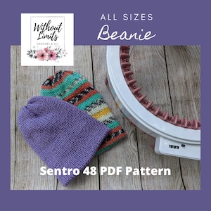 Peut inclure: Deux bonnets en crochet, l'un violet et l'autre à rayures colorées, sont présentés sur une surface en bois avec un métier à tisser. Le texte "Sentro 48 PDF Pattern" est visible sous les bonnets. Le texte "Without Limits Crochet & All" est visible dans le coin supérieur gauche de l'image.