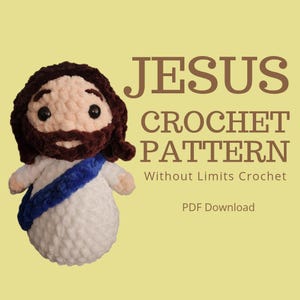 Op de afbeelding: Haakpatroon voor een witte gehaakte Jezuspop met een bruine baard en een blauwe sjerp. Het patroon is getiteld "Jesus Crochet Pattern" en bevat de tekst "Without Limits Crochet" en "PDF Download".