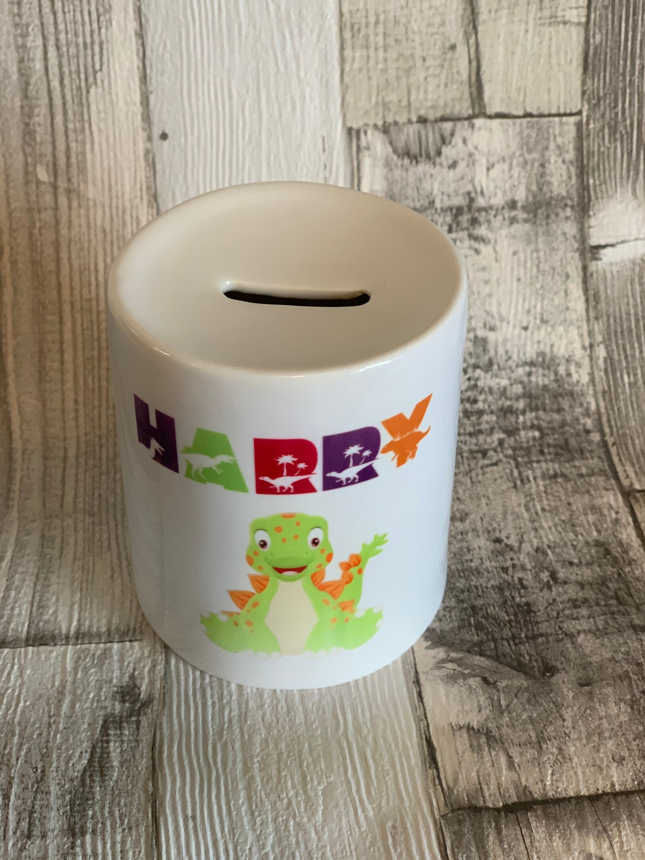 Personalised Dinosaur money box kids name gift childrens Etsy