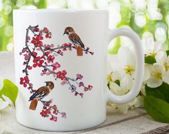 Taza con gorriones y flores de cerezo, ideal como regalo para amantes de las aves, taza para observadores de aves, taza con pájaros