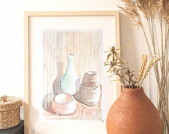 Bodegón con lámina giclée, macetas de barro, decoración rústica estilo cottagecore