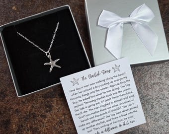 Collar de estrella de mar de plata, La historia de la estrella de mar, Regalo de agradecimiento para el maestro, Regalo de agradecimiento