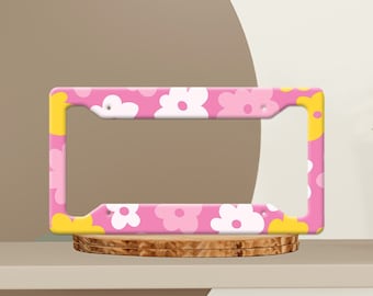 Floral Retro License Plate Frame, Vibrant Pink with Retro Blooms Fun Vehicle Decor Vehicle License Holder, Unique Gift for New Drivers