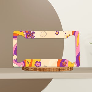 Groovy License Plate Frame, Retro Floral Print Vehicle License Holder, Girley Vanity License Plate, Pink Car Accessory.