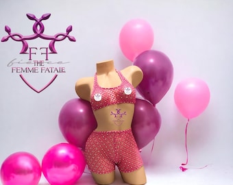 Pink Crystal Fishnet Lingerie Set: Cabaret Top, High Waist Shorts