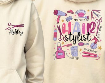 Sudadera de estilista, sudadera divertida para peluquero, regalo de barbero con cuello redondo, linda sudadera de manga larga para salón de belleza, sudadera personalizada con nombre de artista del cabello