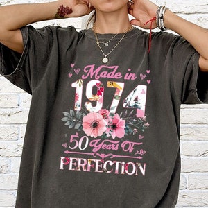 50th Birthday T-Shirt, 1974 TShirt, 50th Birthday Gift for Her, Floral Birthday Shirt, Aunt Birthday Gift, Mothers Day Gift, Mom Vneck Shirt