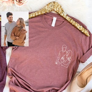 Custom Family Portrait from Photo Tee, Personalized Gift, Custom Couple Photo Drawing Pocket Shirt, Customizable Portrait Drawing Sweatshirt image 3