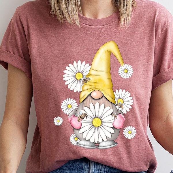 Cute Gnome Shirt, Daisy Graphic Tees, Floral Shirts for Women, Spring T-Shirt, Summer Clothing, Gift for Her, Gnome Gifts, Kids Gnome Shirts