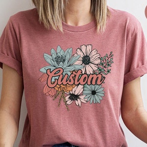 Custom Shirt, Floral Vneck TShirts, Personalized Gifts, Graphic Tees for Women, Gifts for Her, Mothers Day Gift, Customizable Name T Shirt